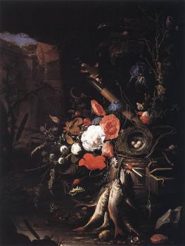 Abraham Mignon : Still-Life with Fishes and Bird Nest
